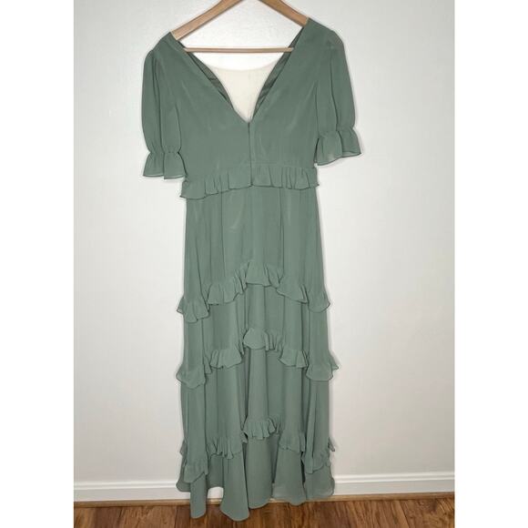 Revelry Harley Chiffon Tiered Maxi Dress 4 Sage Green Ruffle Wedding Guest - Picture 9 of 14